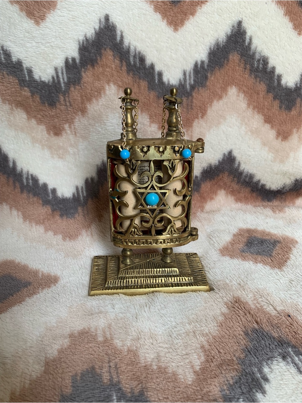 Vintage Judaica Brass Torah Holder Ten Commandments on Stand w/ Cover Israel